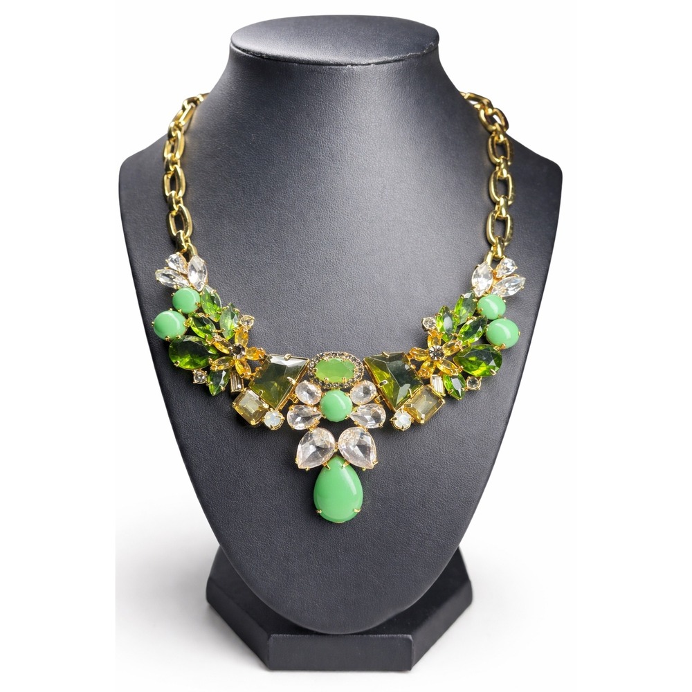 J.Crew Green Crystal Statement Bib Necklace Gold Tone Mixed Stone Floral Design - Picture 1 of 3
